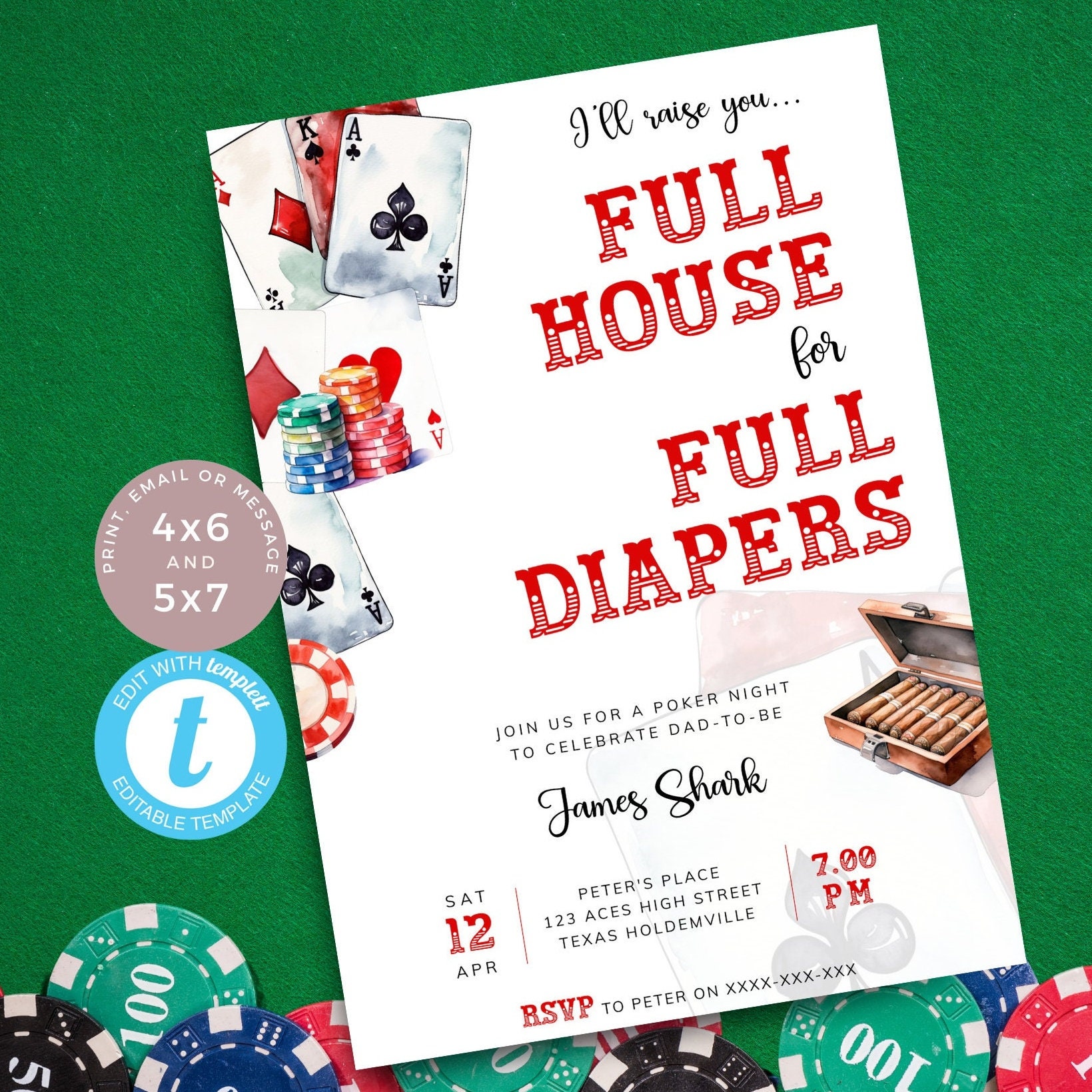 Dad Baby Shower Invite for a Poker Night Invitation or Casino Theme Party.  Full House for Full Diapers. Editable Template, Printable | DAD01 - Etsy, image size:1639x1639