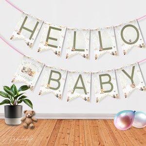 May include: A green and white banner with the words "Hello Baby" and a smaller banner that says "A new chapter is about to begin". The banner is decorated with woodland animals and books.