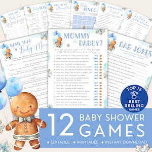 Gingerbread Man Baby Shower Games Bundle, Blue Sweet Boy Activity Pack, Christmas Cookie Set, Small Holidays. Editable, Printable | CH15