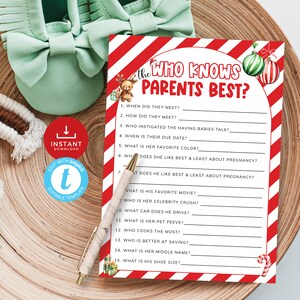 Juego de preguntas y respuestas sobre quién conoce mejor a sus padres, concurso de preguntas y respuestas de Navidad, juego para baby shower. Editable, imprimible / CH05B