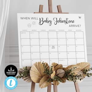 Errate das Fälligkeitsdatum Modernes, einfaches Babyparty-Ratespiel, Ankunftsdatumskalender, minimale Geburtsdatenvorhersage. Bearbeitbar, Druckbar | MN01