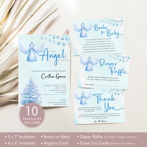 Lot d'invitations à une fête de naissance avec décoration de Noël ange pour votre petit ange des vacances de décembre en route. Modèles modifiables à télécharger | CH08