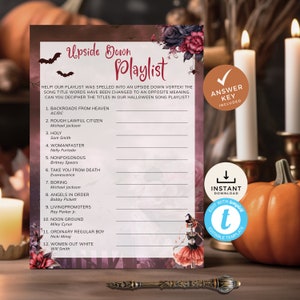 May include: A Halloween playlist game with the title "Upside Down Playlist." The design features bats, floral accents, and a skeleton illustration. Includes an answer key and instant download option. The game challenges players to decipher song titles.