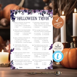 Scheda del gioco Trivia di Halloween con chiave di risposta, quiz sulla conoscenza generale della stagione spettrale, strega viola e rose gotiche. Modificabile, stampabile / HW16