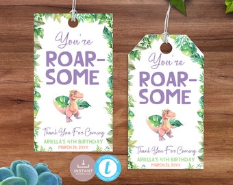 Dino Four Birthday Party Favor Tag Template, T-Rex Favour Tag with Pastel Dinosaurs for 4th Thank You Labels. Editable, Printable | DN04