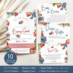 Lot d'invitations révélatrices de sexe fraises et myrtilles, ensemble d'invitations il ou elle petits fruits, carte baby shower. Modifiable, imprimable | BL04
