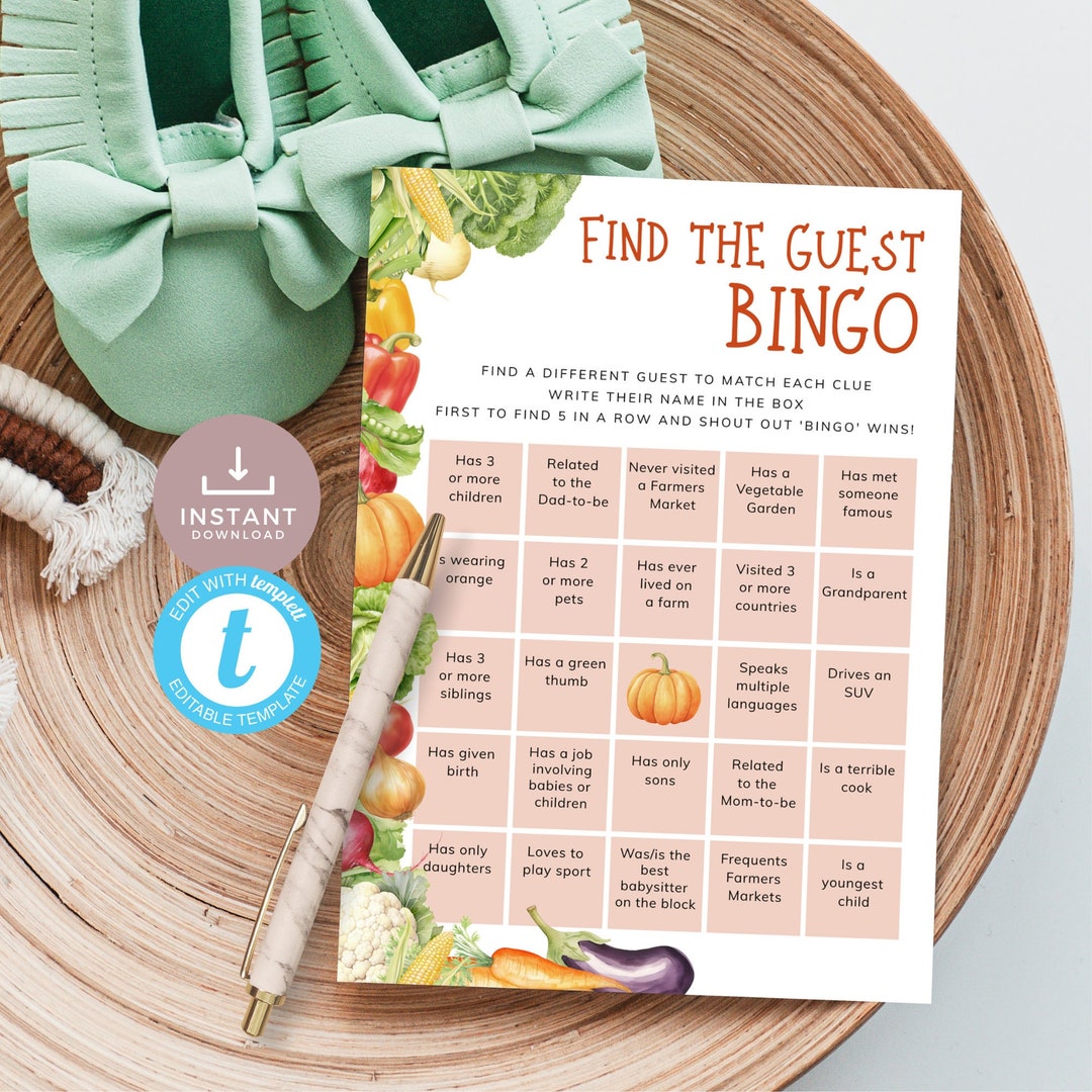 Locally Grown Baby Shower Find the Guest Bingo Template. Bright ...