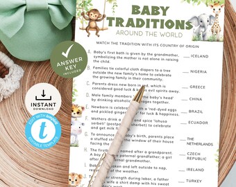 Baby Traditions Around The World, Jungle Safari Baby Shower Game, Trivia with Answers, Travel Theme Activity. Editable, Printable | SF02