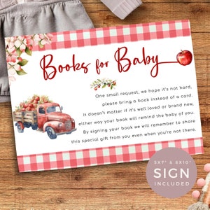 Livres Pomme de nos yeux pour carte et enseigne de bébé, demande de livre pour baby shower en vichy rouge, encart sur le thème des fruits d'automne. Modifiable, imprimable | AP01