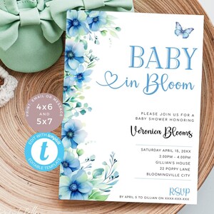 Invito Baby In Bloom Boy, Babyshower blu Baby In Bloom, invito per baby shower Flower In Bloom con farfalla. Modificabile, stampabile / BL01
