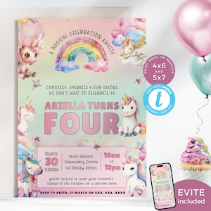 Einhorn-Geburtstags-Einladung 4., Pastell-Einhorn und Regenbogen-Party laden ein, vier überhaupt magische Evite, Mädchen-vierte. Bearbeitbar, Druckbar | UN04