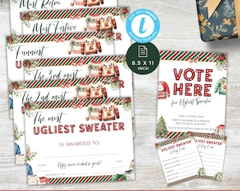 Christmas Ugly Sweater Certificate, Ugliest Competition Voting Card and Sign, Holiday Party Game, Funny Xmas. Editable, Printable | CH16