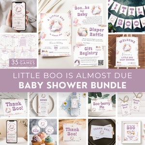 A Little Boo Is Almost Due Baby Shower Bundle, Halloween Mega Pack Templates, Retro Pastel Purple, Ghost Mommy. Editable, Printable | HW01