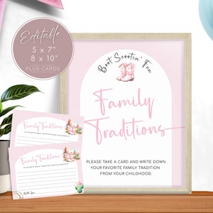 Letrero y tarjeta con tradiciones familiares, juegos para baby shower de vaqueras, tema country western, consejos para padres sobre botas rosas. Editable, imprimible / CG01
