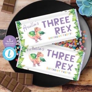 Three Rex-verpakking snoepreep, bedankje dinosaurus, pastel dino-chocoladelabel, 3e verjaardag meisje. Bewerkbare sjabloon, afdrukbaar | DN03