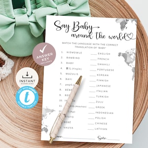Quiz Say Baby Around The World, Jogo de Chá de Bebê Simples, Trivia Moderna, Tema de Viagem sobre idiomas, Respostas. Editável, Imprimível | MN01