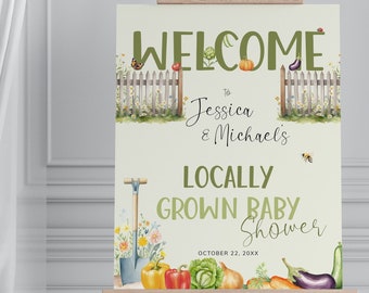 Locally Grown Baby Shower Welcome Sign for your Farmers Market Theme Party Decor. Sage Green Garden. Editable Template, Printable | LG02