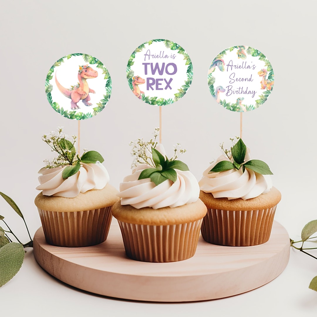 Two Rex Dinosaur Cupcake Toppers Printable Birthday Decorations Girl ...