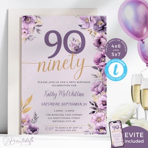 90 Jahre alte Geburtstagseinladung, 90. Geburtstag einladen Karte für Sie, Lila und Gold, Floral Neunzig Evite für Frau. Bearbeitbar, Druckbar | PP03