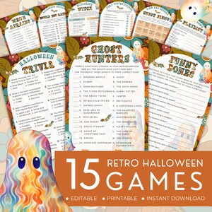 Retro Halloween Games Bundle, Groovy Ghosts Party Activity Pack, Trivia Movie Quotes & Matching Vampires. Editable, Printable | HW11