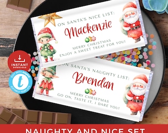 May include: Two printable Christmas candy bar wrappers, one for a "nice" list and one for a "naughty" list. The wrappers feature a Santa Claus, an elf, and a star. The text on the wrappers reads "On Santa's Nice List: Mackenzie Merry Christmas Enjoy a Sweet Treat for You!" and "On Santa's Naughty List: Brendan Merry Christmas Go On, Taste It, I Dare You!"