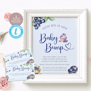 Jogo de chá de bebê de mirtilo, meça a barriga do bebê, Berry Sweet, quão grande é sua atividade na barriga com sinal e ingresso. Editável, imprimível | BL03