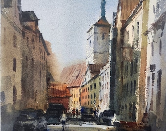 Original watercolor painting landscape  , streets-cape buildings