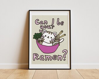 Ramen Cat Illustrated Art Print | Cat and Asian food Lovers Gift