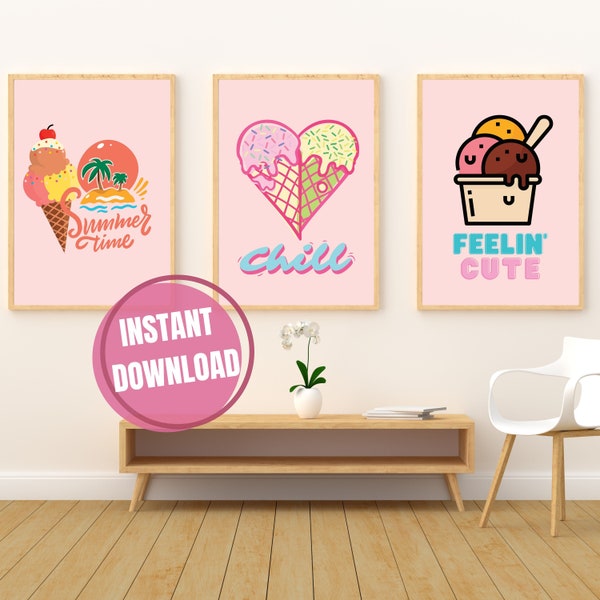 Digital Ice Cream Summer Vibes Chilling Ice Cream Digital Art Set of 3 Frames Summer Time Digital Download Printable Ice Cream Wall Art Set