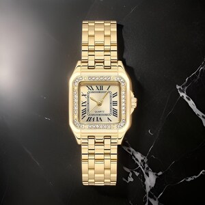 Elegant Gold Square Watch for Women – Luxury Roman Numeral Wristwatch with Crystal Bezel