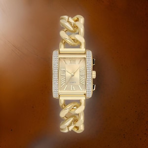 Gold Chain Bracelet Watch: Rectangle Crystal Dial, Vintage Glamour