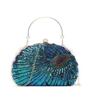 Peacock Feather Sequin Clutch Bag – Art Deco Beaded Evening Purse for Weddings, Prom & Party