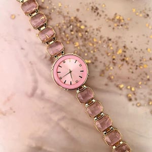 Luxury Pink Crystal Watch – Gold-Tone Elegant Women’s Timepiece with Gemstone Bracelet