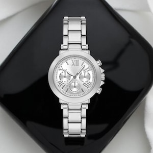 Silver Chronograph Women&#39;s Watch: Stainless Steel Designer Wristwatch