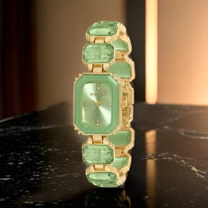 Luxury Emerald Green Watch & Bracelet Set – Gold-Toned Gemstone-Embellished Timepiece with Multicolor Adjustable Bracelet