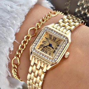 Montre vintage à maillons dorés - Cadran carré avec cristaux, chiffres romains, montre-bracelet de luxe pour femme, cadeau élégant pour elle