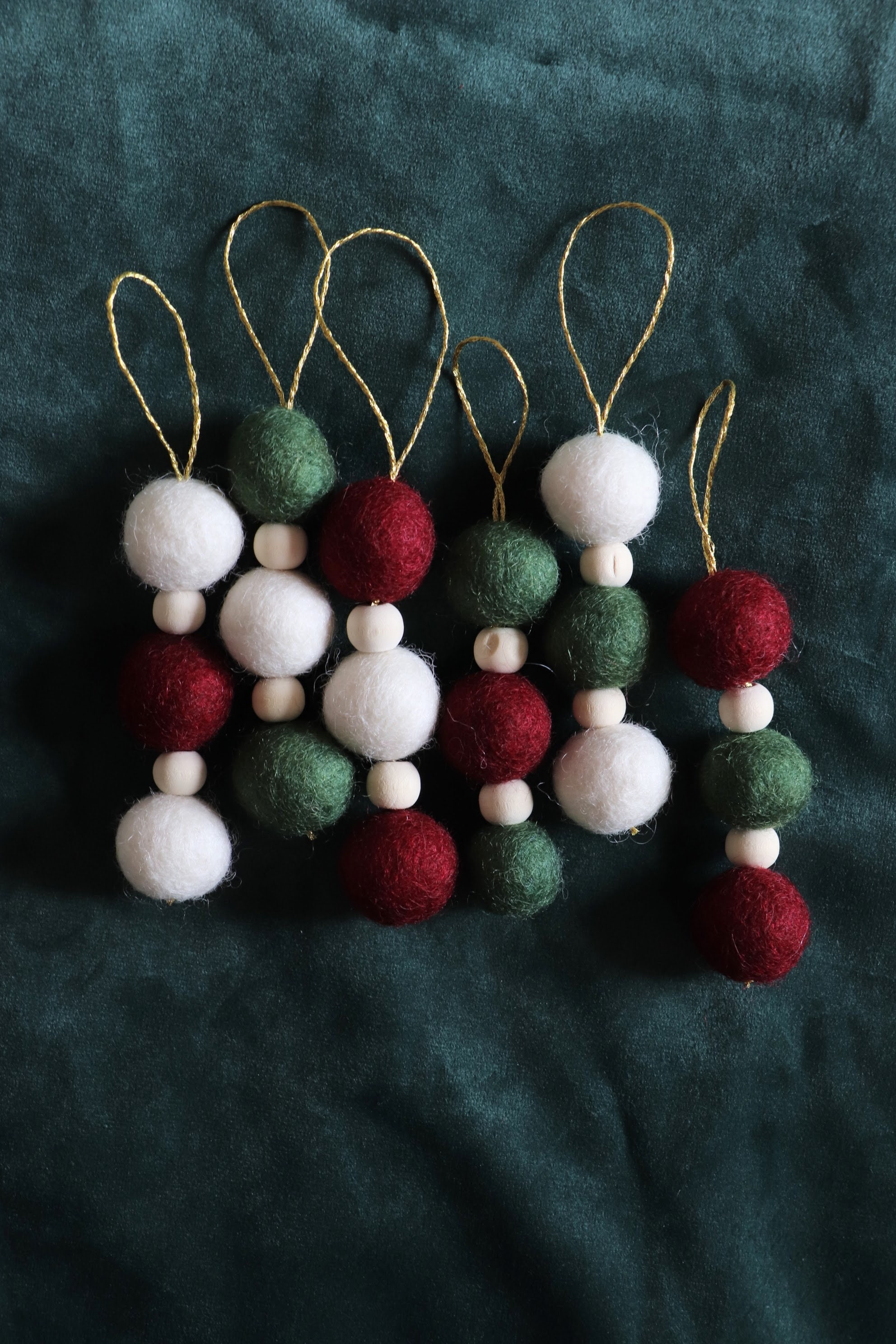 Set of 6 Christmas Tree Decorations With Natural Wool Beads