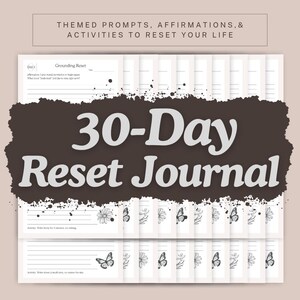 Könnte beinhalten: Ein 30-Tage-Reset-Journal mit thematischen Anregungen, Affirmationen und Aktivitäten, um Ihr Leben zurückzusetzen. Die Journalseiten sind weiß mit schwarzen Strichzeichnungen von Blumen und Schmetterlingen. Das Cover ist dunkelbraun mit den Worten "30-Day Reset Journal" in Weiß.