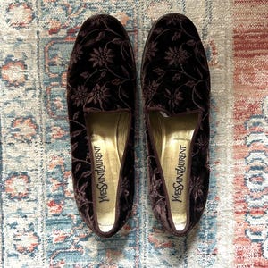 VINTAGE Saint Laurent YSL Brown Floral Embroidered Womens Loafers US 9 Made in Italy