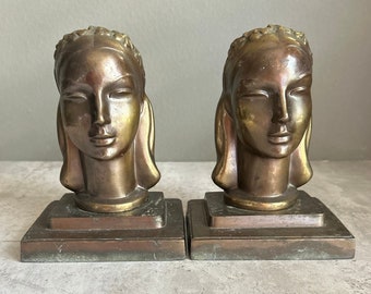 VINTAGE 1920s Frankart Art Deco Female Bust Bookends Coquette Room Decor Light Academia Style
