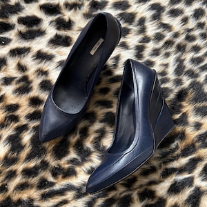 VINTAGE Navy Miu Miu Leather Wedge Size EU 39 Designer Womens Heels