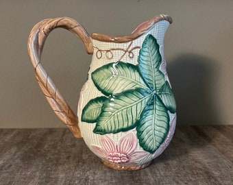 VINTAGE 1980s Fitz and Floyd Floral Ceramic 2Q Pitcher Coquette Room Decor Retro Home Style Unique Pottery