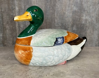 VINTAGE 1980s Neiman Marcus Mallard Duck Soup Tureen Hand Painted Made in Italy Quirky Home Decor Retro Kitchen Style