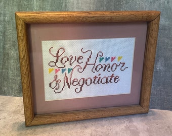 VINTAGE 1990s Love, Honor, & Negotiate Framed Needlepoint Wall Decor 9x11” Cute Funny Wedding Anniversary Gift