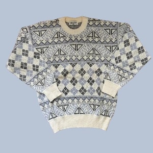 VINTAGE 1980s Valentino Blue and White Argyle Sweater Knit Pullover Size M
