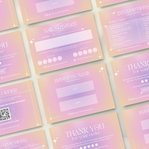 Pacote de negócios Dreamy Press On Nail, cartão de embalagem de unhas, instruções de aplicação, design de kit de dimensionamento de unhas, agradecimento ao cliente, modelo Canva