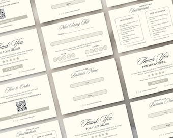 May include: Cream-coloured cards with elegant script and minimalist design. Cards include "Thank You" messages, nail sizing kits, and instructions for press-on nails. The cards feature text, QR codes, and space for business details.