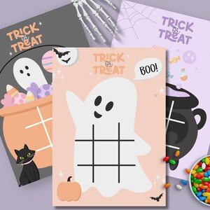 Jeu imprimable de fête d'Halloween, des bonbons ou un sortilège, carte de jeu de tic tac toe, activités d'Halloween roses, mignon effrayant téléchargement immédiat