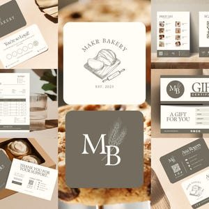 May include: A selection of bakery branding materials, including business cards, a loyalty card, invoice, price list, gift certificate, and thank you cards. The logo features a bread loaf and rolling pin. The colour scheme is neutral with shades of brown and white.
