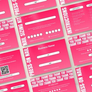 Pink Press On Nail Business Bundle Nail Packaging Card How To Apply Instruction Nail Sizing Kit Design Customer thank you Canva Template